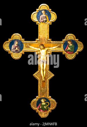 Antique crucifix made of gold - Roman Catholic Church, Jesus Christ. Stock Photo