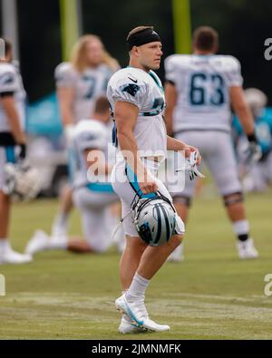 Spartanburg, SC USA;  Running back Christian McCaffrey (22) stretches during Carolina Panthers Training Camp, Saturday, August 5, 2022, at Wofford Col Stock Photo