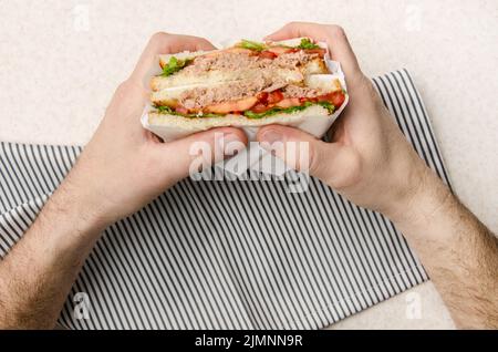 Wrapped Tuna sandwiches with lettuce tomatoes and onions cut in half in caucasian model's hand over kitchen napkin Stock Photo