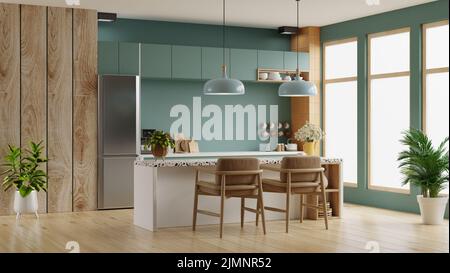 Luxury kitchen room corner design with dark green wall.3D rendering Stock Photo