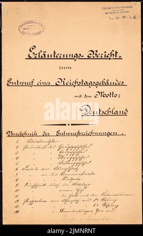 Busse & Schwechten, Reichstag, Berlin (02.02.1882): Explanation report 17 p. Ink on paper, 39.8 x 25.2 cm (including scan edges) Busse & Schwechten : Reichstag, Berlin. Zweiter Wettbewerb Stock Photo