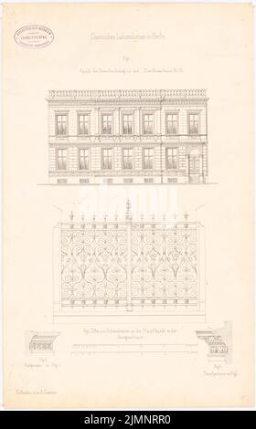 Cremer Albert Friedrich (1824-1891), chemical laboratory of the Friedrich-Wilhelms-Universität and the Academy of Sciences, Berlin (without dat.): Facade of the duty; Detail: cornice, wrought -iron grid on the main facade Georgenstrasse. Ink on cardboard, 47.1 x 29.3 cm (including scan edges) Cremer Albert Friedrich  (1824-1891): Chemisches Labor der Friedrich-Wilhelms-Universität und der Akademie der Wissenschaften, Berlin Stock Photo