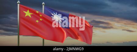 Taiwan and China relation. Flags waving with the wind, cloudy dark sky background. 3d render Stock Photo