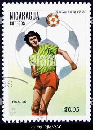 NICARAGUA - CIRCA 1982: a stamp printed in Nicaragua shows soccer player, 1982 World Cup, Spain, circa 1982 Stock Photo