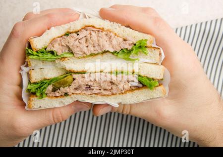 Wrapped Tuna sandwiches with lettuce pickles and onions cut in half in caucasian model's hand over napkin Stock Photo