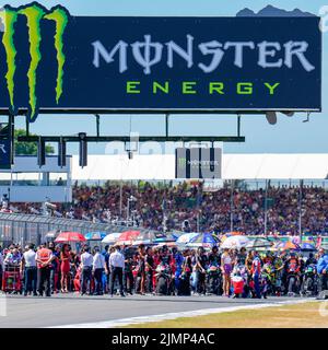 Towcester, UK. 07th Aug, 2022. The starting grid for the 2022 Monster Energy Grand Prix MotoGP Warm Up at Silverstone Circuit, Towcester, England on the 7th August 2022. Photo by David Horn. Credit: PRiME Media Images/Alamy Live News Stock Photo