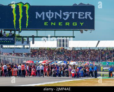 Towcester, UK. 07th Aug, 2022. The starting grid for the 2022 Monster Energy Grand Prix MotoGP Warm Up at Silverstone Circuit, Towcester, England on the 7th August 2022. Photo by David Horn. Credit: PRiME Media Images/Alamy Live News Stock Photo