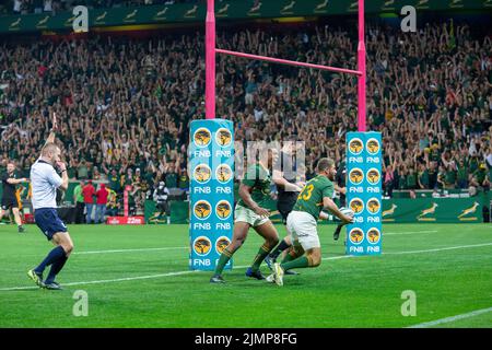 Mbombela, Nelspruit, South Africa. 6th August, 2022. Try awarded to Willie Le Roux during the  Rugby Championship international rugby match between South Africa and New Zealand at the Mbombela Stadium on 6 August 2020 Credit: AfriPics.com/Alamy Live News Stock Photo