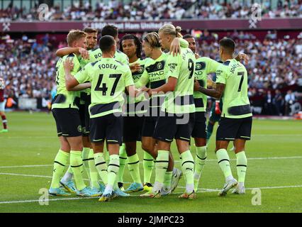London, UK. 7th Aug, 2022. Erling Haland of Manchester City celebrates scoring the first goal for the game and his first in his City career during the Premier League match at the London Stadium, London. Picture credit should read: David Klein/Sportimage Credit: Sportimage/Alamy Live News Stock Photo