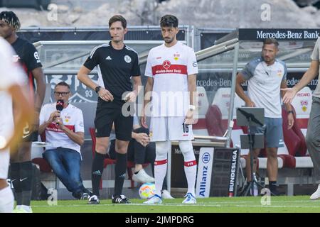 Stuttgart, Germany. 07th Aug, 2022. Soccer: Bundesliga, VfB Stuttgart - RB Leipzig, Matchday 1, Mercedes-Benz Arena. Stuttgart's Atakan Karazor before his substitution. Credit: Tom Weller/dpa - IMPORTANT NOTE: In accordance with the requirements of the DFL Deutsche Fußball Liga and the DFB Deutscher Fußball-Bund, it is prohibited to use or have used photographs taken in the stadium and/or of the match in the form of sequence pictures and/or video-like photo series./dpa/Alamy Live News Stock Photo