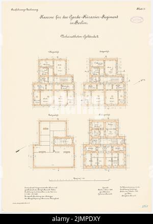 Cousin, barracks of the Guard Cuerassier Regiment and the Queen-Augusta-Grenadier-Regiment No. 4, Berlin (1895-1897): Queen-Gusta-Grenadier-Regiment No. 4, married building II: Grundriss basement, Earth floor, 1st floor, attic 1: 100. Lithograph colored on cardboard, 75.2 x 53.7 cm (including scan edges) Vetter : Kaserne des Garde-Kürassier-Regiments und des Königin-Augusta-Garde-Grenadier-Regiments Nr. 4, Berlin Stock Photo