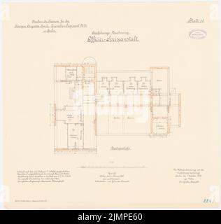 Cousin, barracks of the Guard Cuerassier Regiment and the Queen-Augusta-Garde-Grenadier Regiment No. 4, Berlin (1895-1897): Garde-Cürassier-Regiment, officer-feeding institution: floor plan top floor 1: 100. Lithograph colored on the box, 54 x 56.9 cm (including scan edges) Vetter : Kaserne des Garde-Kürassier-Regiments und des Königin-Augusta-Garde-Grenadier-Regiments Nr. 4, Berlin Stock Photo