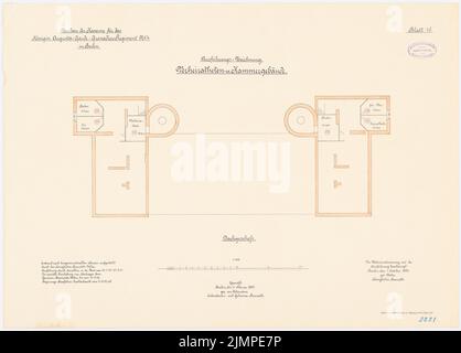 Cousin, barracks of the Guard Cuerassier Regiment and the Queen-Augusta Grenadier Regiment No. 4, Berlin (1895-1897): Guard-Cürassier-Regiment, married chamber building: floor plan top floor 1: 100. Lithograph colored on the box, 52.3 x 72.8 cm (including scan edges) Vetter : Kaserne des Garde-Kürassier-Regiments und des Königin-Augusta-Garde-Grenadier-Regiments Nr. 4, Berlin Stock Photo