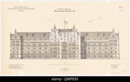 Cousin, barracks of the Guard Cuerassier Regiment and the Queen-Augusta Grenadier Regiment No. 4, Berlin (1895-1897): Garde-Cürassier-Regiment, team building I-III: front view 1: 100. Lithograph colored on the cardboard, 72.3 x 122.7 cm (including scan edges) Vetter : Kaserne des Garde-Kürassier-Regiments und des Königin-Augusta-Garde-Grenadier-Regiments Nr. 4, Berlin Stock Photo