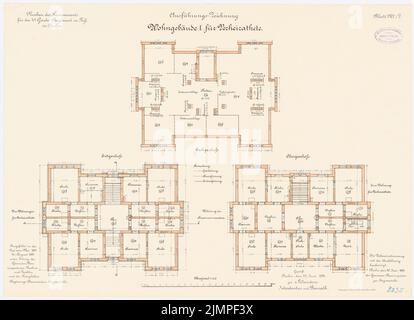 Schönhals, barracks of the 4th cloakroom on foot, Berlin-Moabit (1891-1893): residential building I for married: floor plan ground floor, upper floor, attic 1: 100. Lithograph colored on the cardboard, 47.9 x 66.2 cm (including scan edges) Schönhals : Kaserne des 4. Garderegiments zu Fuß, Berlin-Moabit Stock Photo