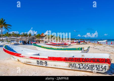 Waves boats caribbean coast and beach panorama view Tulum Mexico. Stock Photo