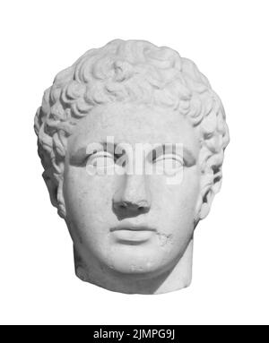 Ancient statue of the antique god of commerce, merchants and travelers Hermes - Mercury. Head sculpture isolated on white backgr Stock Photo