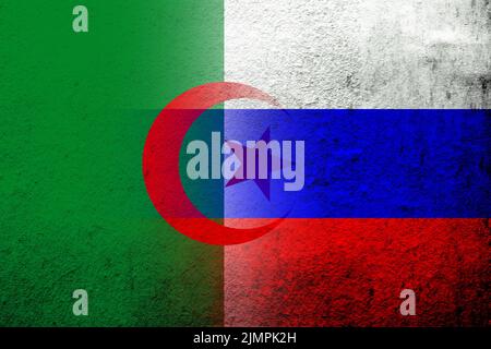 National flag of Russian Federation with Peoples Democratic Republic of Algeria national flag. Grunge background Stock Photo