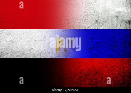 National flag of Russian Federation with The Arab Republic of Egypt National flag. Grunge background Stock Photo