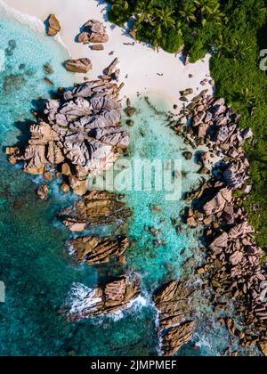 Anse Cocos beach, La Digue Island, Seyshelles, Drone aerial view of La Digue Seychelles bird eye view Stock Photo