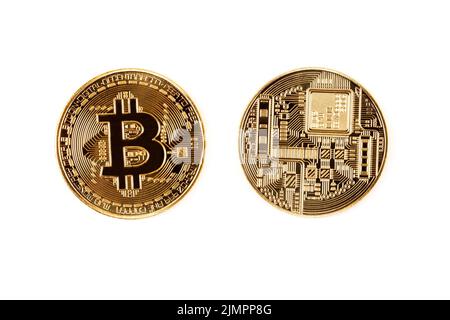 Golden Bitcoin on a white background Stock Photo