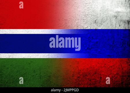 National flag of Russian Federation with The Republic of The Gambia National flag. Grunge background Stock Photo