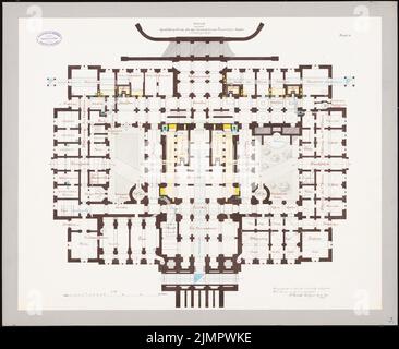 Rowald Paul (1850-1920), commercial building for the Prussian manor house, Berlin (20.08.1878): Floor plan 1: 150. Ink, ink colored, watercolor on cardboard, 58.9 x 71.9 cm (including scan edges) Rowald Paul  (1850-1920): Geschäftshaus für das Preußische Herrenhaus, Berlin Stock Photo