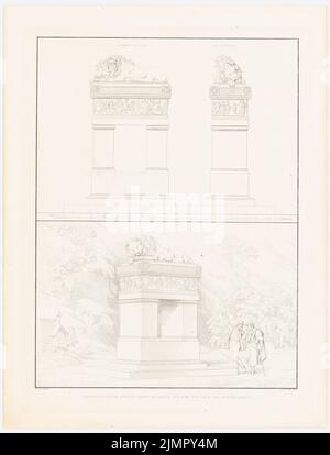 Schinkel Karl Friedrich (1781-1841), collection of architectural designs, Berlin 1858. Tomb Gerhard Johann David von Scharnhorst at the disability cemetery in Berlin (1824): front view, side view, perspective view. Stitch on paper, 55.1 x 42 cm (including scan edges) Schinkel Karl Friedrich  (1781-1841): Sammlung Architektonischer Entwürfe, Berlin 1858. Grabmal Gerhard Johann David von Scharnhorst auf dem Invalidenfriedhof, Berlin Stock Photo