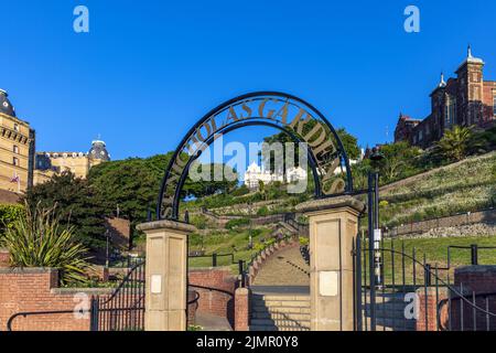 Entrance to St Nicholas Gardens on Scarborough's picturesque South Bay, North Yorkshire Coast. Stock Photo