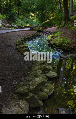 Peasholm Glen Bridge crossing Peasholm Beck at Peasholm Park in Scarborough, north Yorkshire. A real hidden gem of Scarborough. Stock Photo