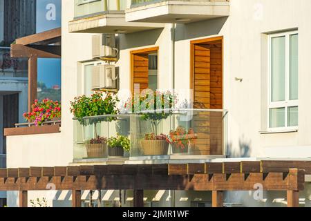 Terrace with flowering plants and trees on the balcony illuminated by the sun with wooden decor elements Stock Photo