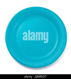 Blue empty paper disposable plate on white isolated background, top view Stock Photo