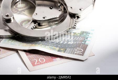 Croatian kuna currency. Police handcuffs on Croatian kuna banknotes. Currency exchange, concept of economic crime in Europe. Stock Photo