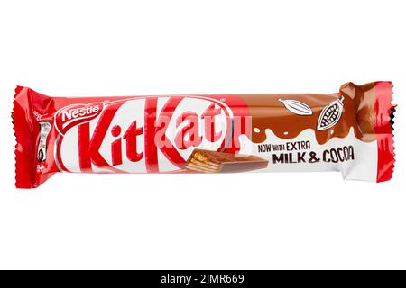 Ukraine, Kiev June 15, 2022.Kit Kat chocolate bar on white background. Bars Kit Kat is produced by Nestle company. File contains clipping path. Stock Photo