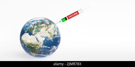 Medical syringe with a needle vaccinated the planet Earth. 3D rendering. Elements of this image furnished by NASA. Stock Photo