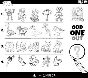 Odd one out task with cartoon characters coloring book page Stock Photo