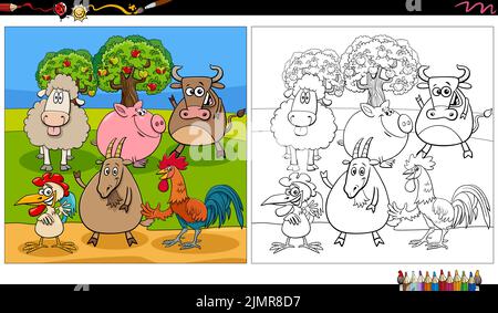 Cartoon farm animal characters group coloring book page Stock Photo