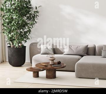 Living room interior mockup with gray sofa, scandinavian style, 3d rendering Stock Photo