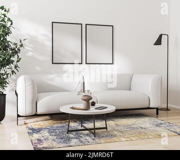 Two blank frame mock up on white wall in room with white sofa and decoration, 3d rendering Stock Photo