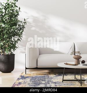 Living room interior with white sofa, big green plant and leaves shadow on wall, 3d rendering Stock Photo