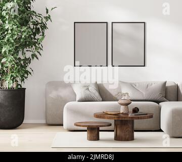 Two blank frames mock up in modern living room interior, minimalist style, 3d rendering Stock Photo