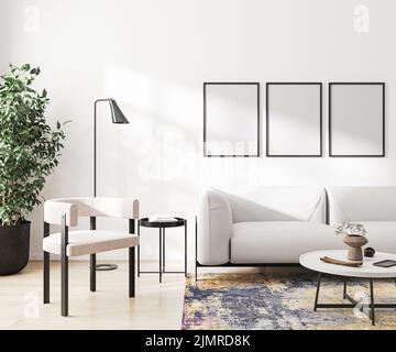 Three blank frames mock up in home living room interior with white sofa, 3d rendering Stock Photo