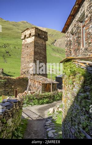 Historical Svan tower in Mestia town, Svaneti region, Georgia Stock Photo