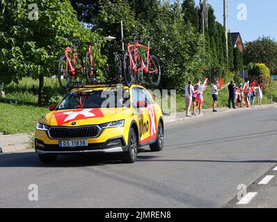 Krakow, Poland - August 5, 2022:  Uno X Pro CyclingTeam vehicle on the route of Tour de Pologne UCI – World Tour, stage 7 Skawina - Krakow. The biggest cycling event in Eastern Europe. Stock Photo