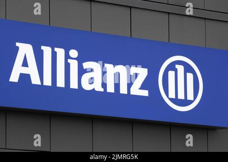 Bourg, France - September 26, 2020: Allianz sign on a wall. Allianz is a European financial services company headquartered in Munich, Germany Stock Photo