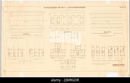 Jansen Hermann (1869-1945), small settlement Charlottenburg-Nord, Berlin (12.1918): 3 site plans 1: 500 and 11 floor plans 1: 200 of the medium-sized series and floor houses (Block I, II and III). Pressure on paper, 66.9 x 111.9 cm (including scan edges) Jansen Hermann  (1869-1945): Kleinsiedlung Charlottenburg-Nord, Berlin Stock Photo