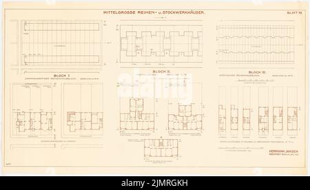 Jansen Hermann (1869-1945), small settlement Charlottenburg-Nord, Berlin (12.1918): 3 site plans 1: 500 and 11 floor plans 1: 200 of the medium-sized series and floor houses (Block I, II and III). Pressure on paper, 62.9 x 110.6 cm (including scan edges) Jansen Hermann  (1869-1945): Kleinsiedlung Charlottenburg-Nord, Berlin Stock Photo