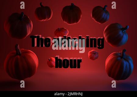 witching hour. The inscription on a red background and levitating pumpkins. 3D render. Stock Photo