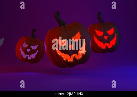 Sinister glowing halloween pumpkins levitate on a purple background. 3D render. Stock Photo