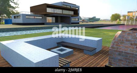 Cozy white brick patio in the yard of a new spacious house on the lake. Models of old aircraft. 3d render. Stock Photo